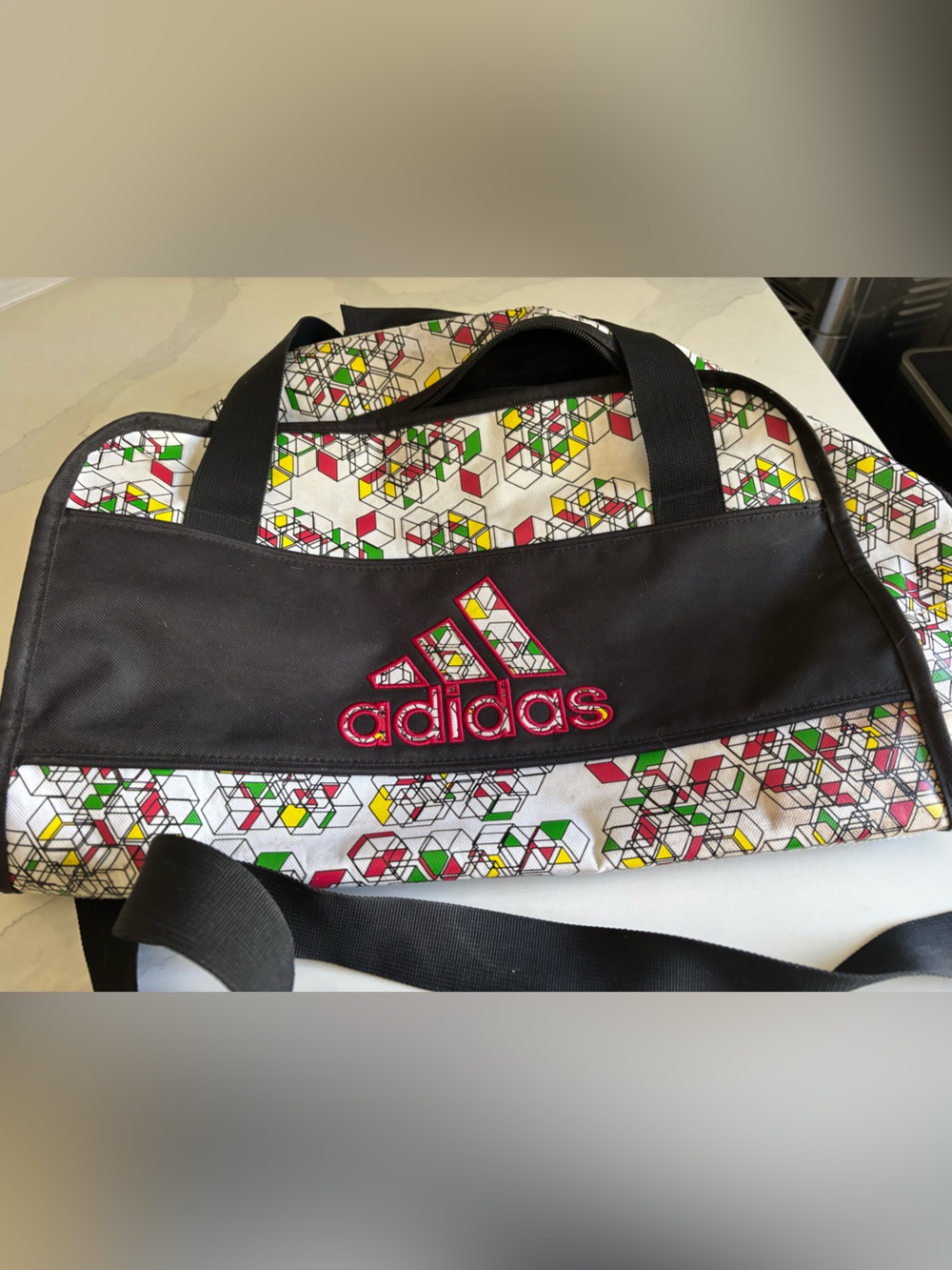 Adidas White Multi-Color Geometric Duffel Bag